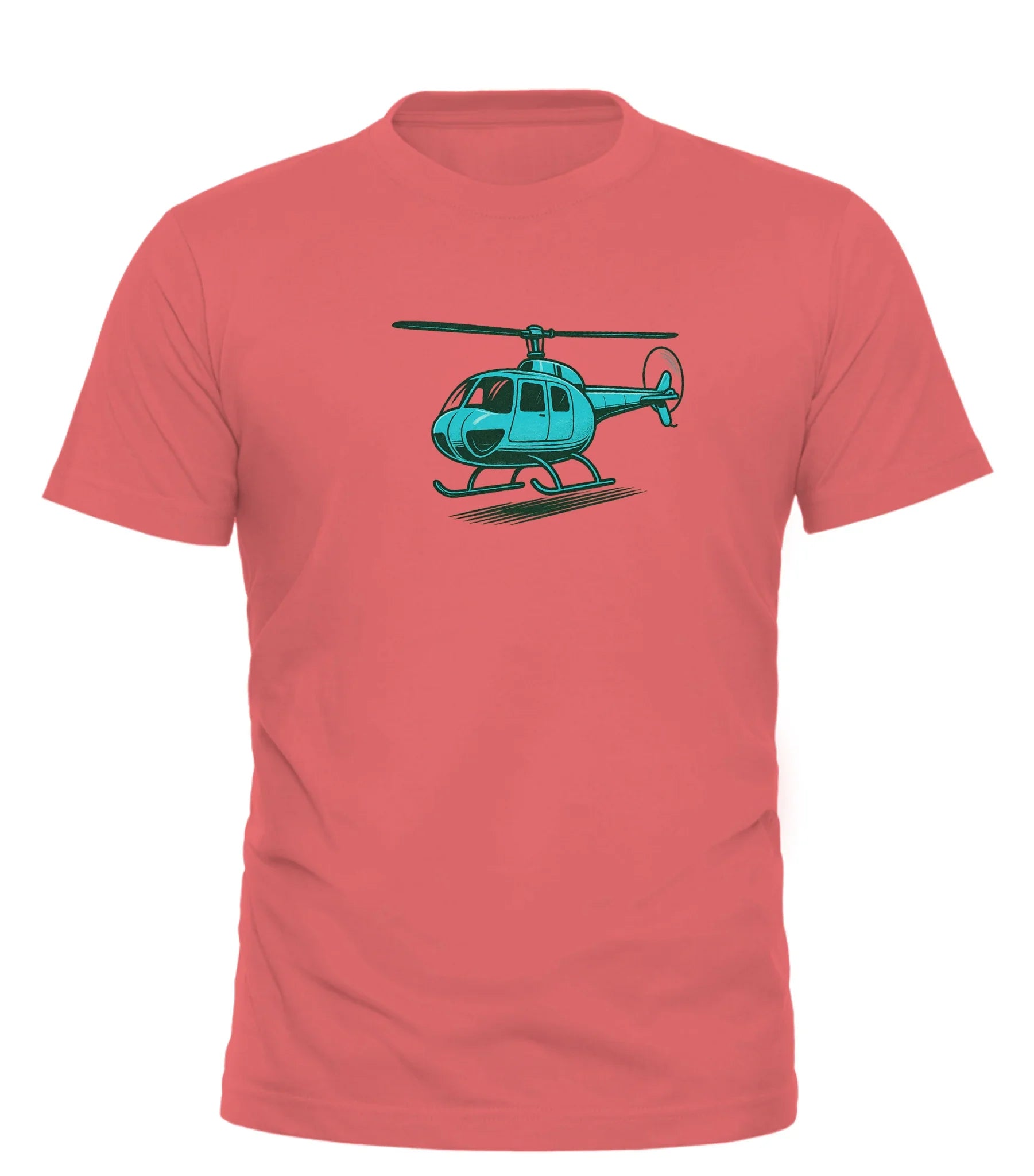 Good Trouble Garments vintage helicopter graphic tee with blue helicopter design on coral shirt