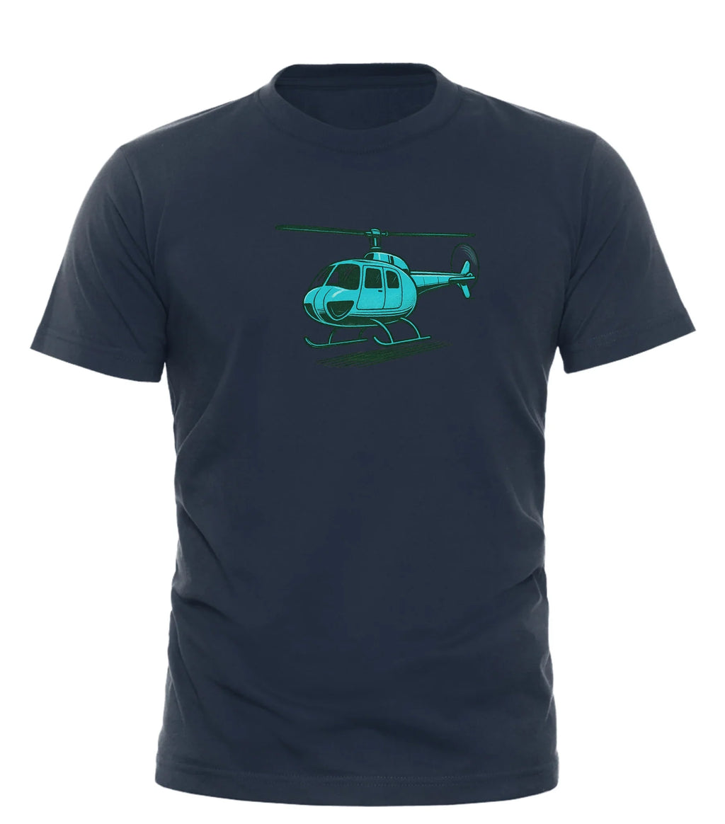 Good Trouble Garments vintage helicopter graphic tee with blue helicopter design on navy shirt