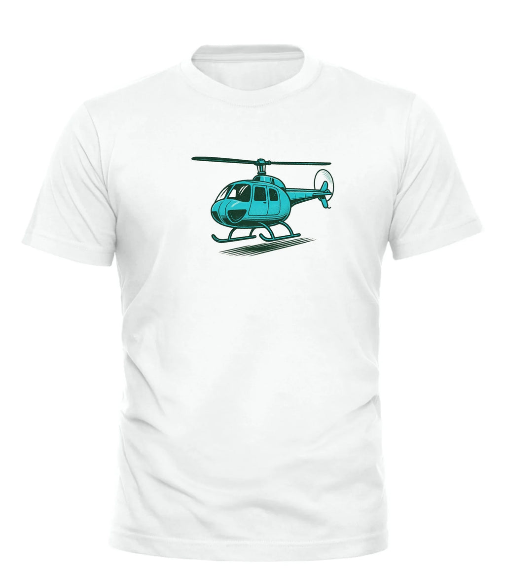 Good Trouble Garments white vintage helicopter graphic tee with blue helicopter illustration