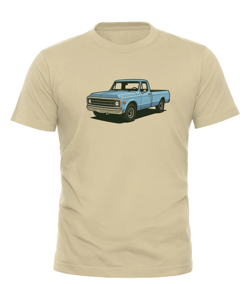 Good Trouble Garments beige vintage pickup truck t-shirt with blue classic truck graphic