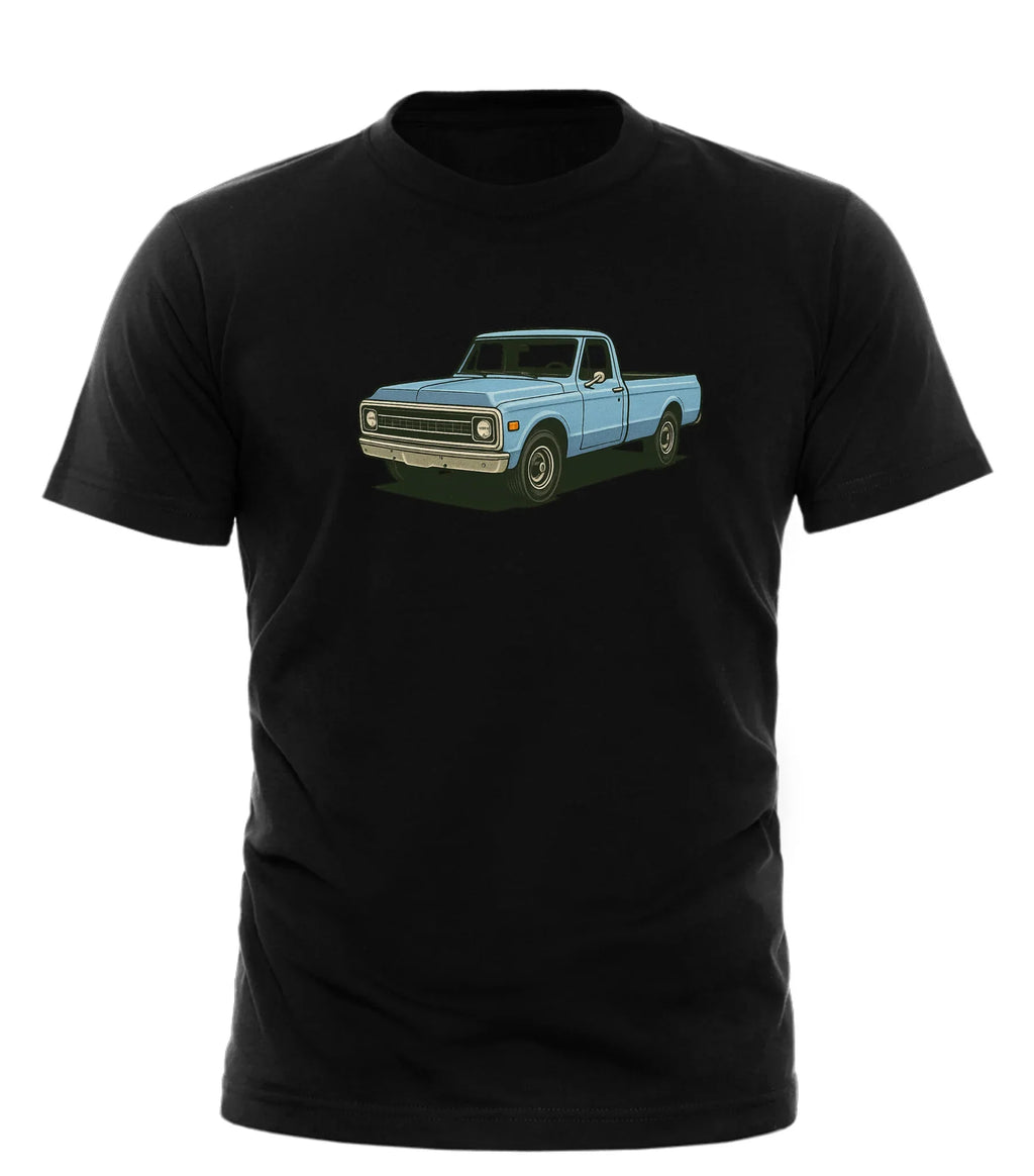 Good Trouble Garments black vintage pickup truck t-shirt with blue classic truck graphic