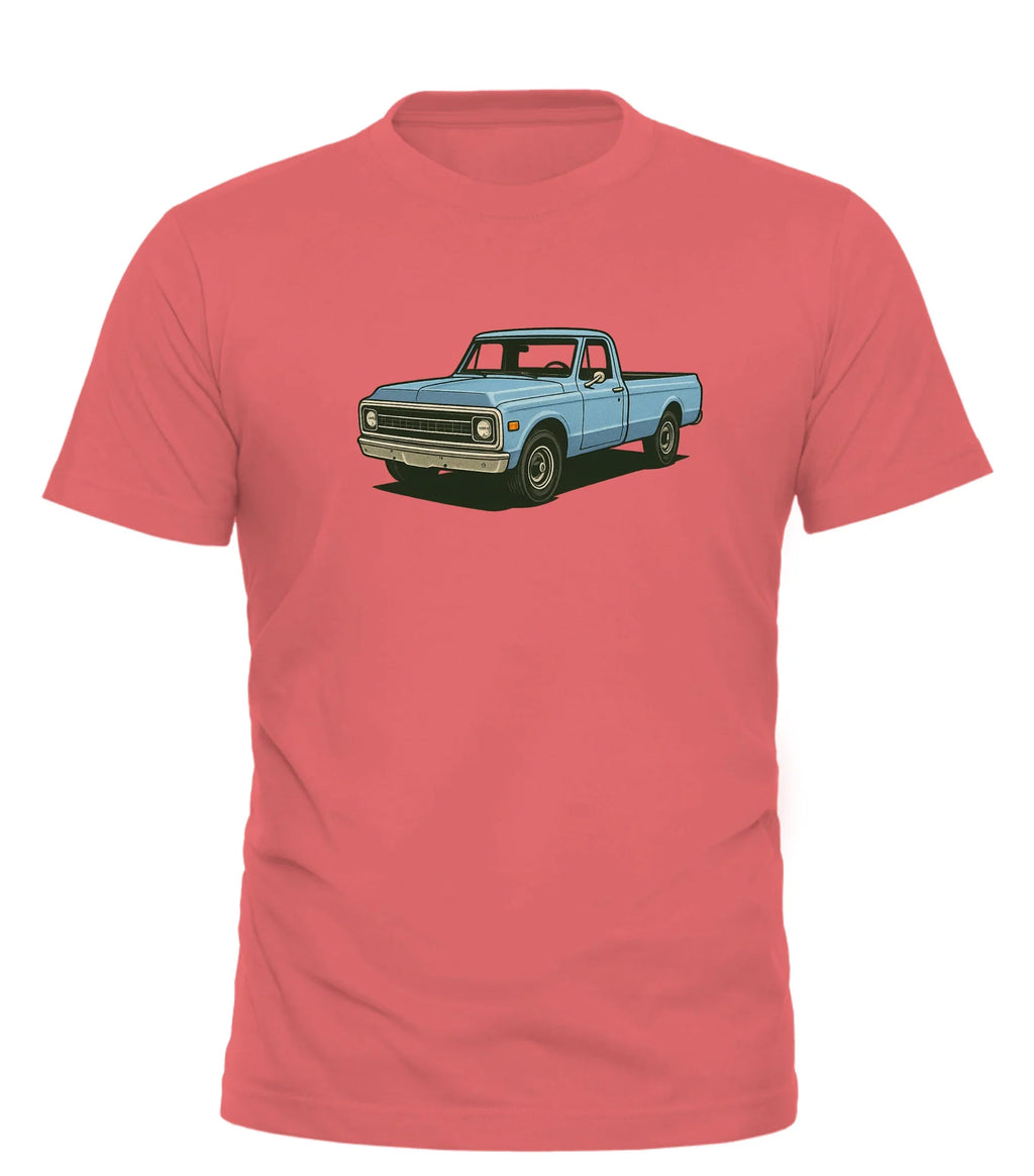 Good Trouble Garments vintage pickup truck t-shirt in coral with blue classic truck graphic