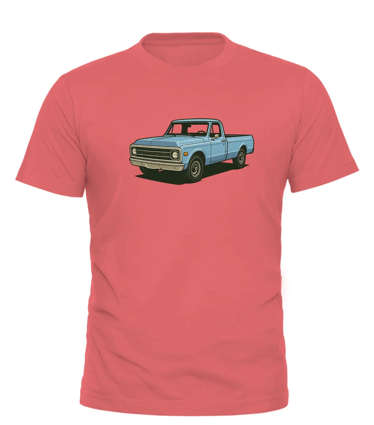 Good Trouble Garments vintage pickup truck t-shirt in coral with blue classic truck graphic