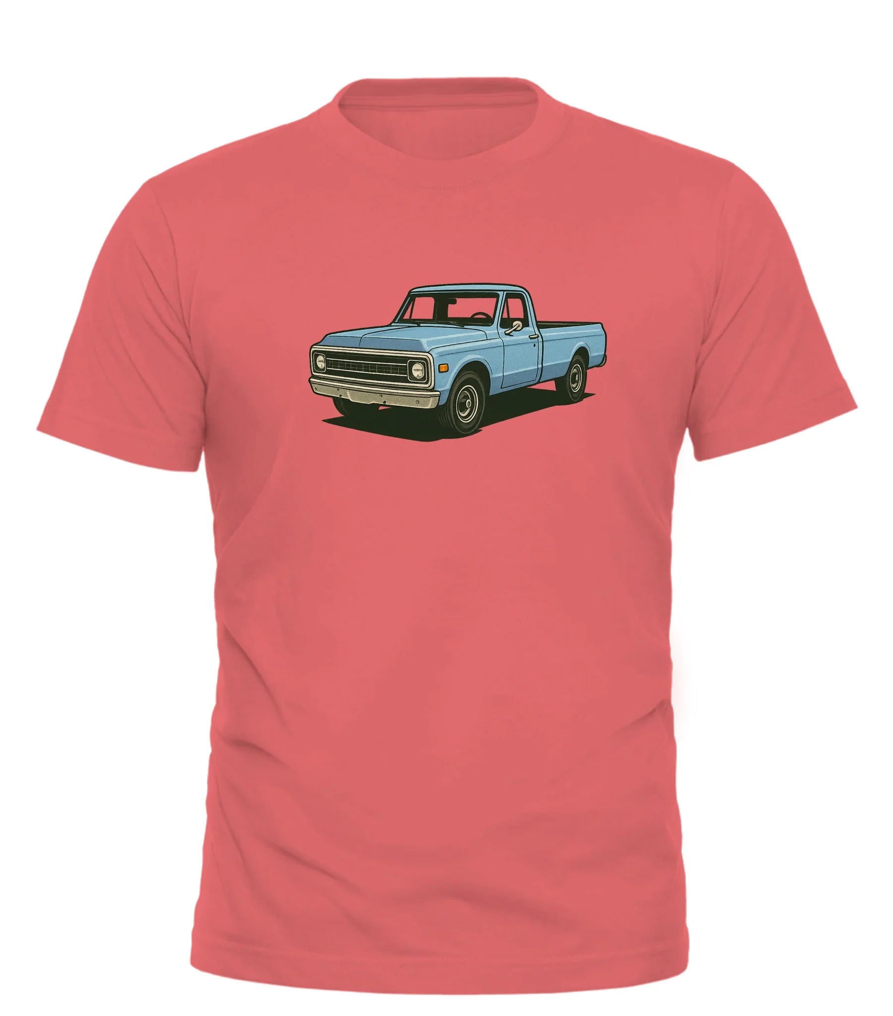 Good Trouble Garments vintage pickup truck t-shirt in coral with blue classic truck graphic