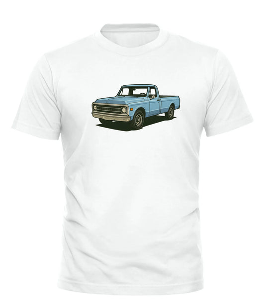 Good Trouble Garments white t-shirt with vintage pickup truck t-shirt graphic in blue on front