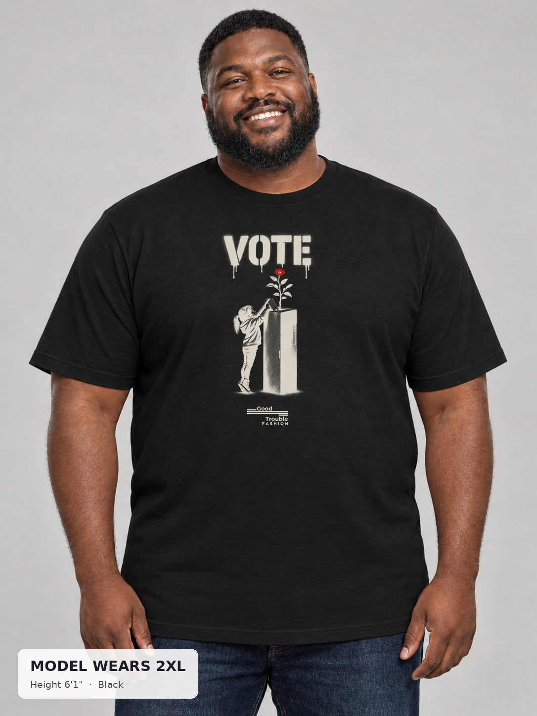 VOTE Ballot Bloom Tee in Black on a plus-size model wearing size 2XL, 6'1" - Good Trouble Fashion