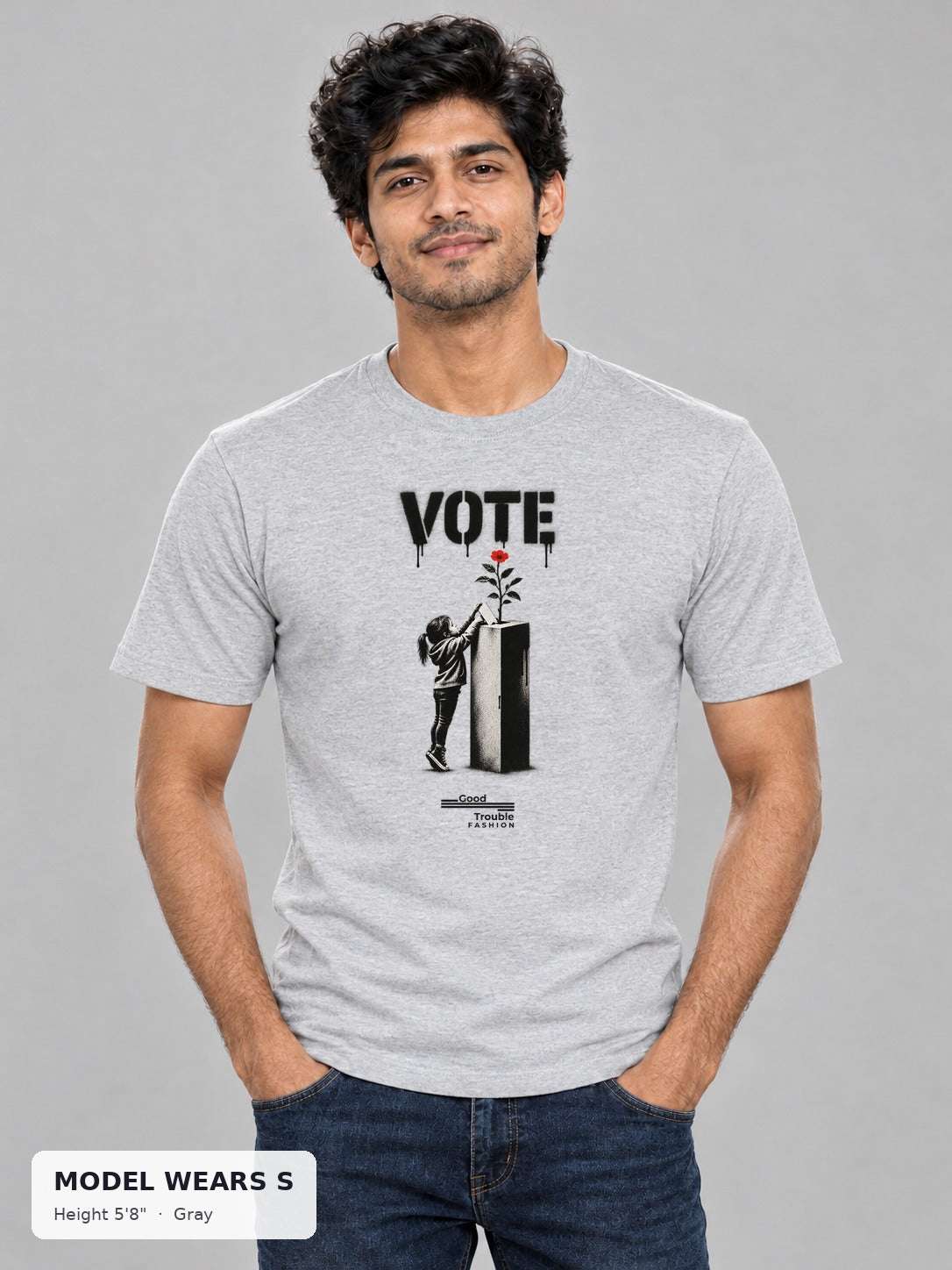 VOTE Ballot Bloom Tee in Gray on a slim model wearing size S, 5'8" - Good Trouble Fashion