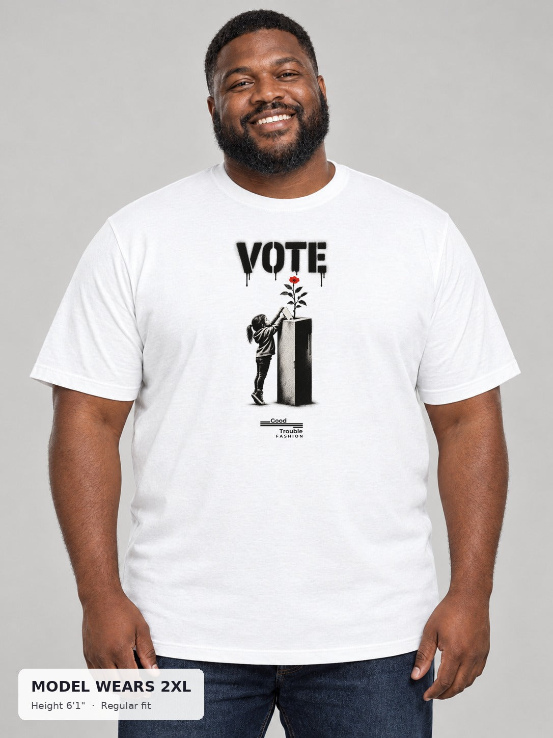 VOTE Ballot Bloom Tee on a plus-size model wearing size 2XL, 6'1" - Good Trouble Fashion