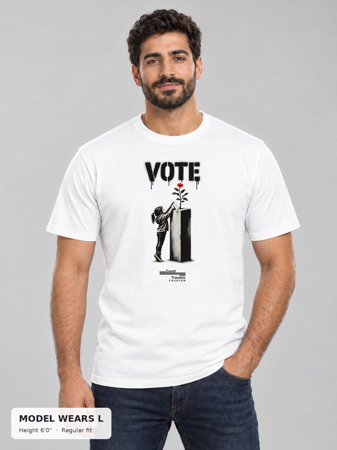 VOTE Ballot Bloom Tee on an athletic model wearing size L, 6'0" - Good Trouble Fashion