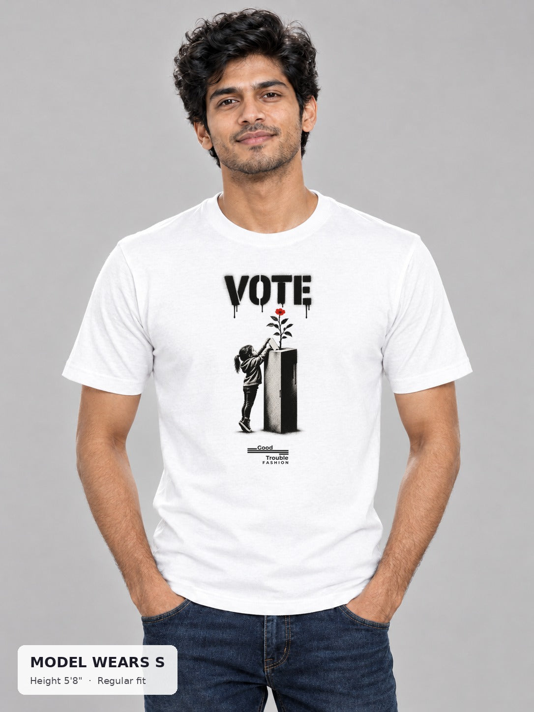 VOTE Ballot Bloom Tee on a slim model wearing size S, 5'8" - Good Trouble Fashion