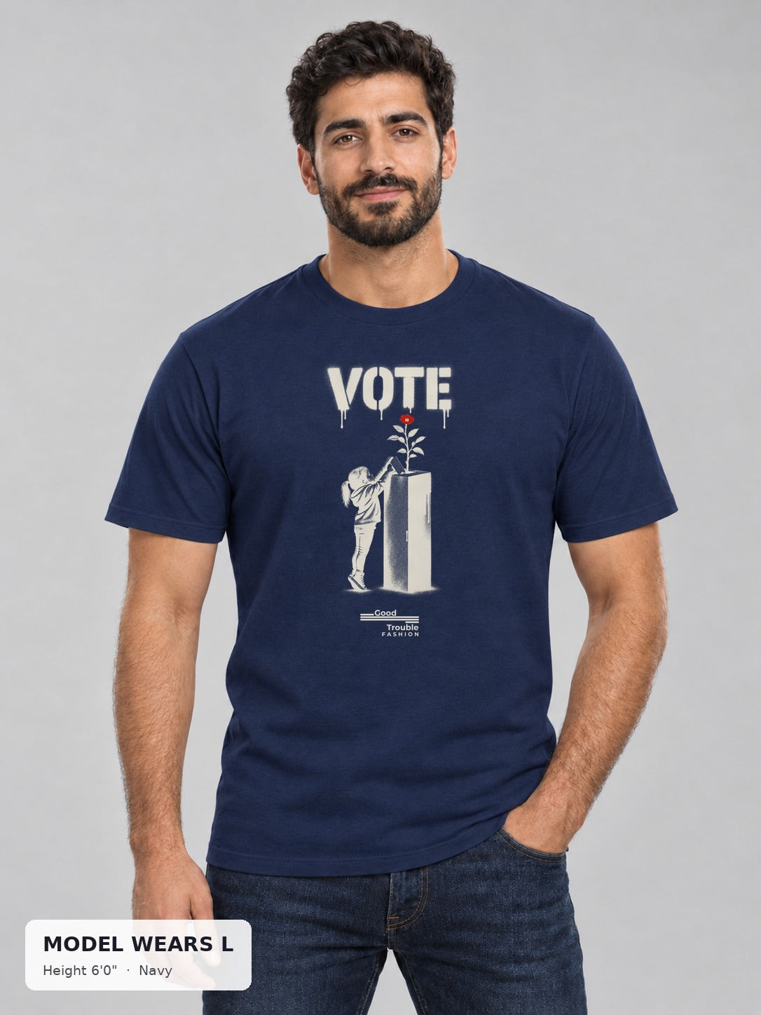 VOTE Ballot Bloom Tee in Navy on an athletic model wearing size L, 6'0" - Good Trouble Fashion