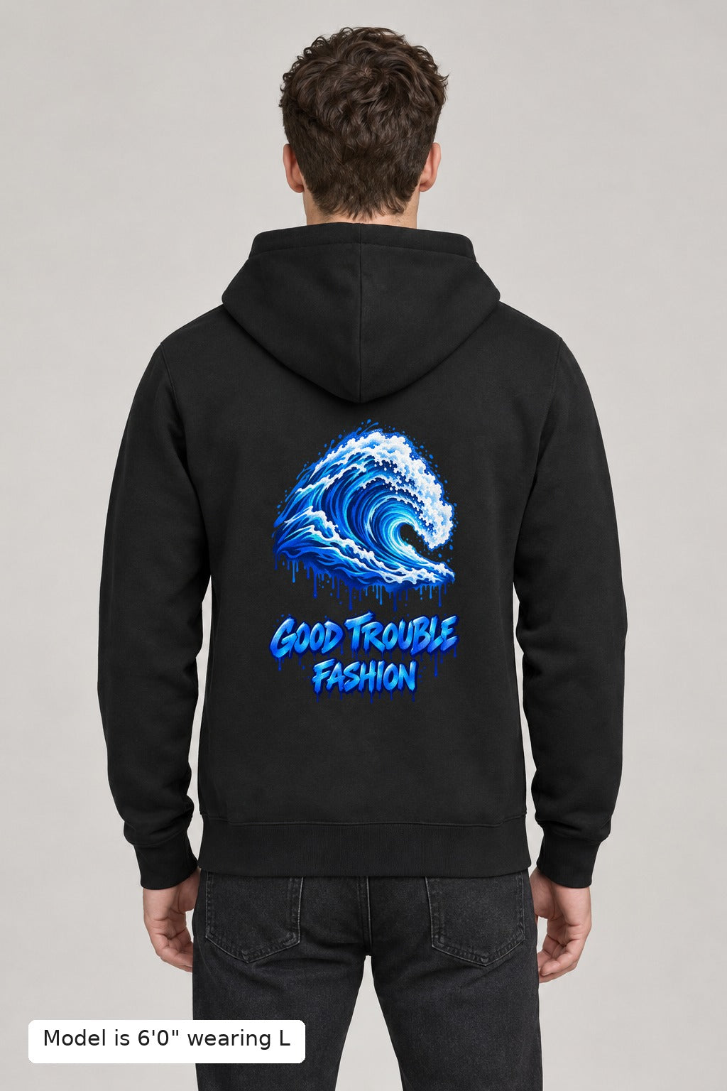 VOTE Blue Wave Hoodie back, blue wave and Good Trouble Fashion print, on an athletic model wearing size L, 6'0" - Good Trouble Fashion