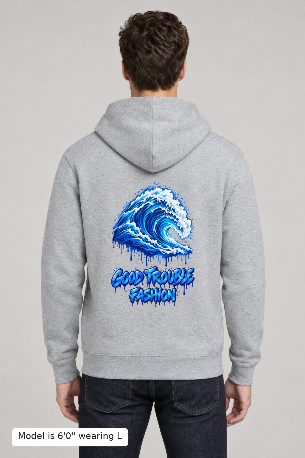VOTE Blue Wave Hoodie in Gray, back, blue wave and Good Trouble Fashion print, on an athletic model wearing size L, 6'0" - Good Trouble Fashion
