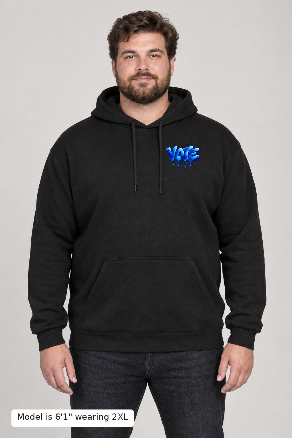 VOTE Blue Wave Hoodie front on a plus-size model wearing size 2XL, 6'1" - Good Trouble Fashion
