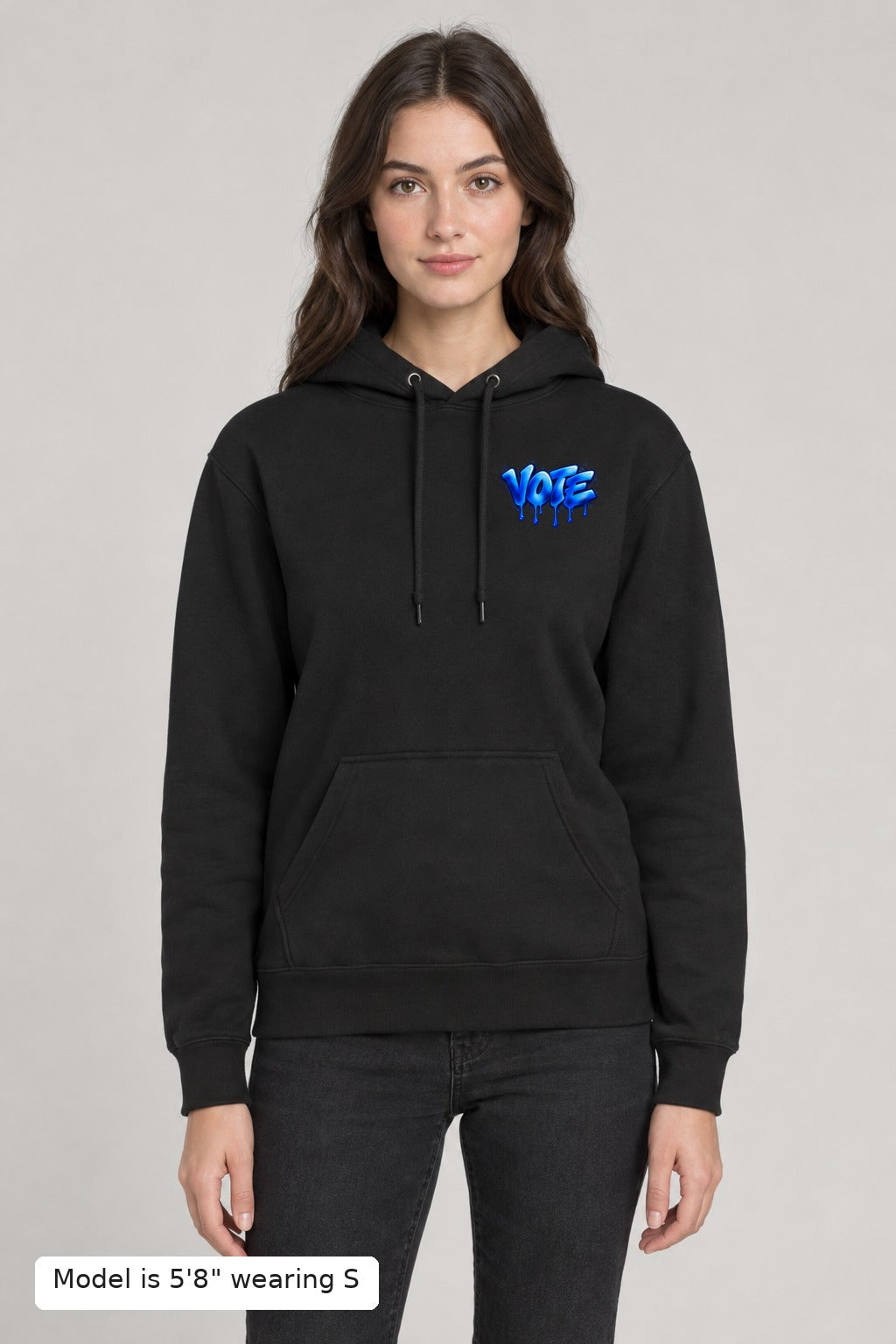 VOTE Blue Wave Hoodie front, left-chest VOTE graffiti drip print, on a slim model wearing size S, 5'8" - Good Trouble Fashion