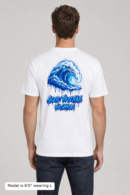 VOTE Blue Wave Tee back, blue wave and Good Trouble Fashion print, on an athletic model wearing size L, 6'0" - Good Trouble Fashion