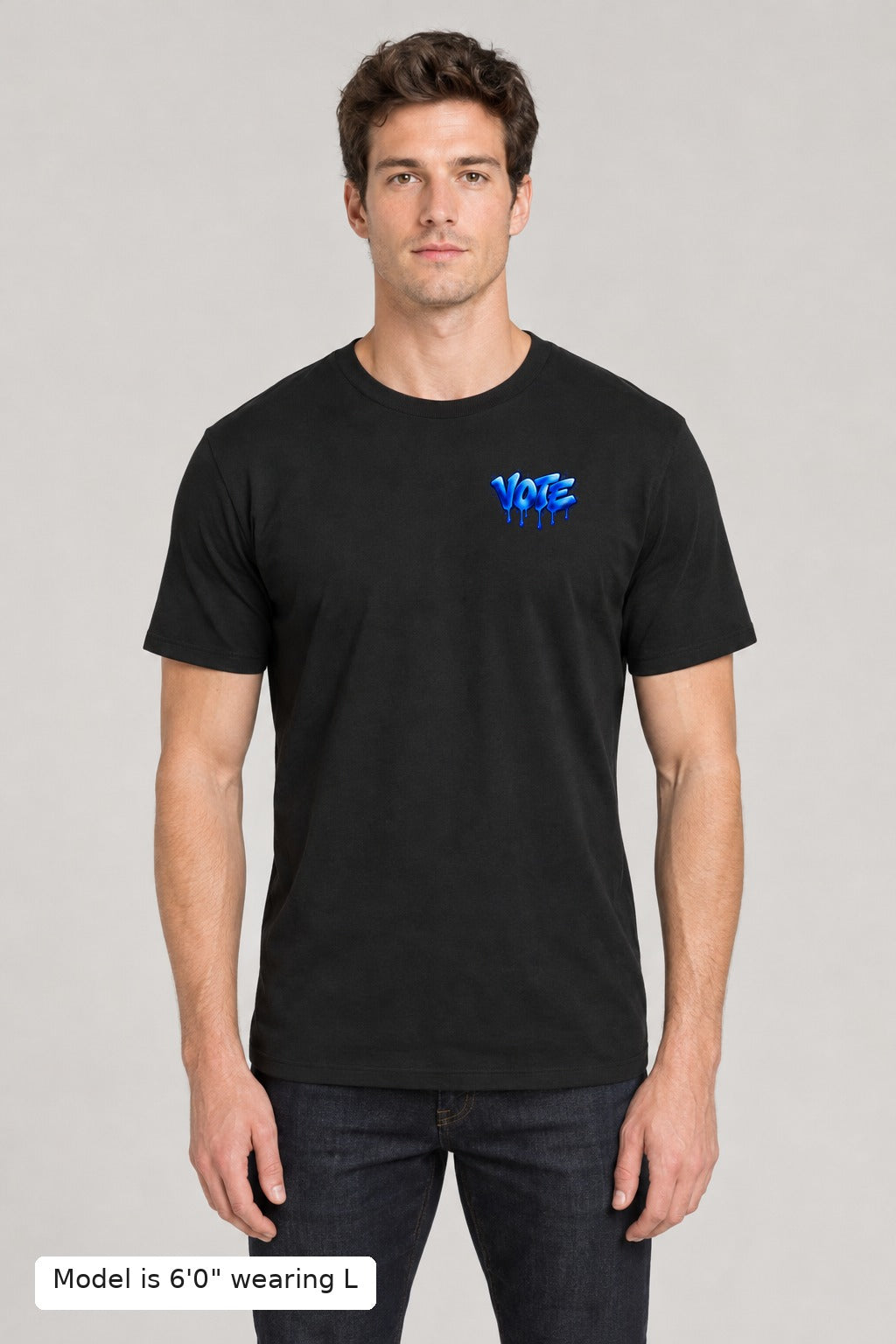 VOTE Blue Wave Tee in Black, front, on an athletic model wearing size L, 6'0" - Good Trouble Fashion