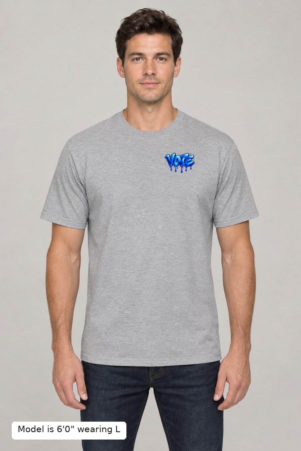 VOTE Blue Wave Tee in Gray, front, on an athletic model wearing size L, 6'0" - Good Trouble Fashion