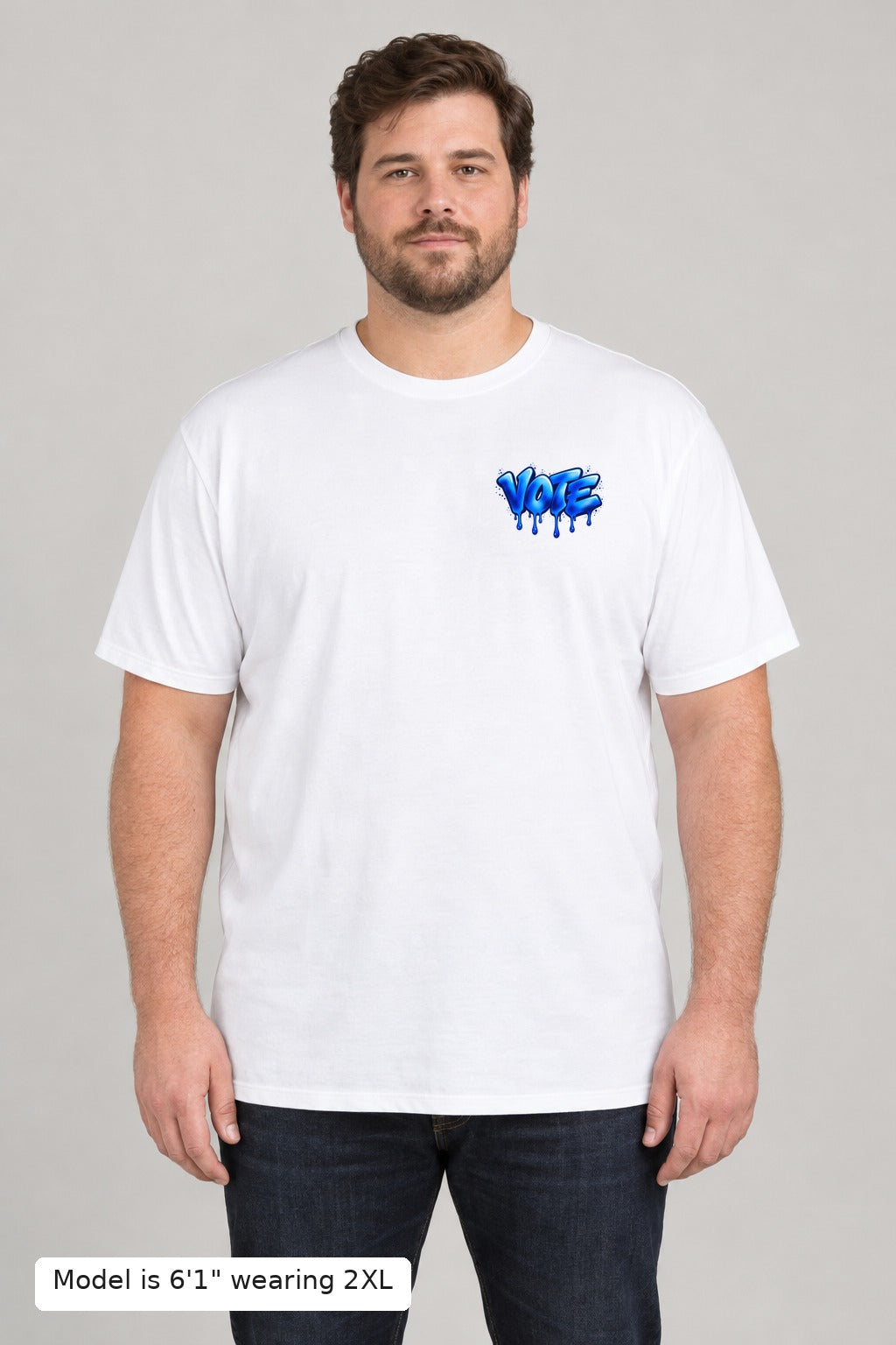 VOTE Blue Wave Tee front on a plus-size model wearing size 2XL, 6'1" - Good Trouble Fashion