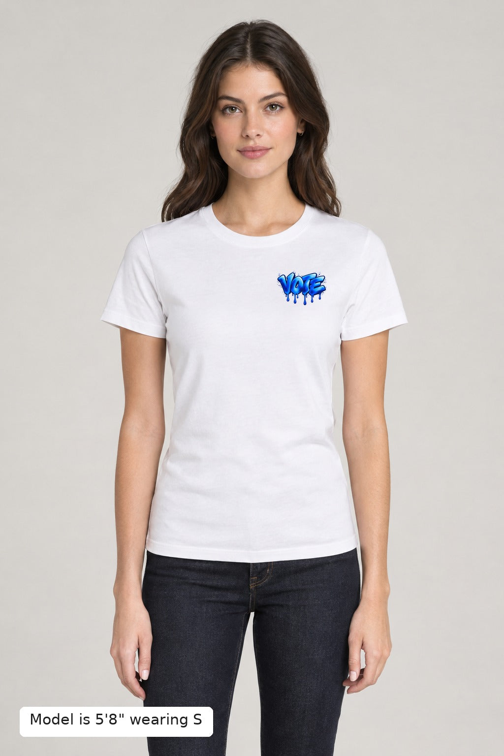 VOTE Blue Wave Tee front, left-chest VOTE graffiti drip print, on a slim model wearing size S, 5'8" - Good Trouble Fashion