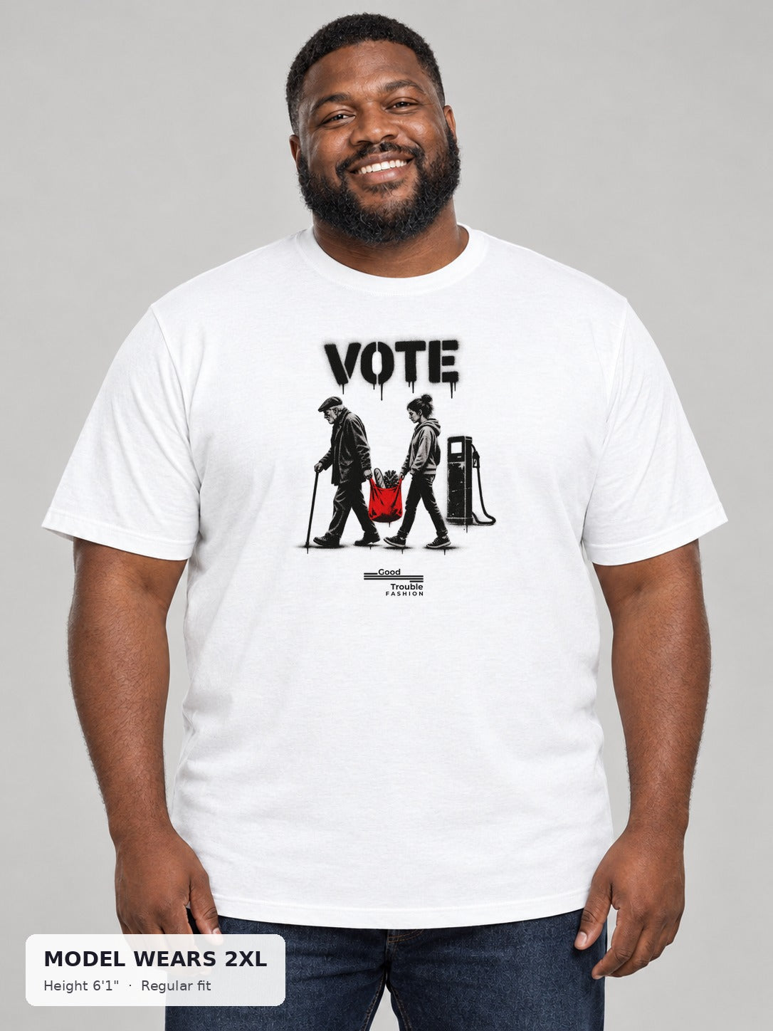 VOTE Carry Each Other Tee on a plus-size model wearing size 2XL, 6'1" - Good Trouble Fashion