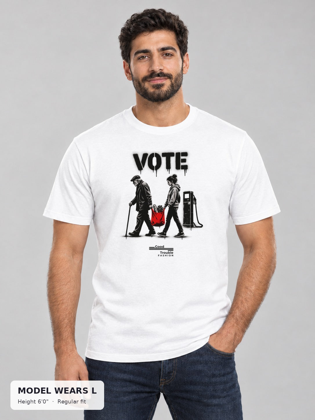 VOTE Carry Each Other Tee on an athletic model wearing size L, 6'0" - Good Trouble Fashion