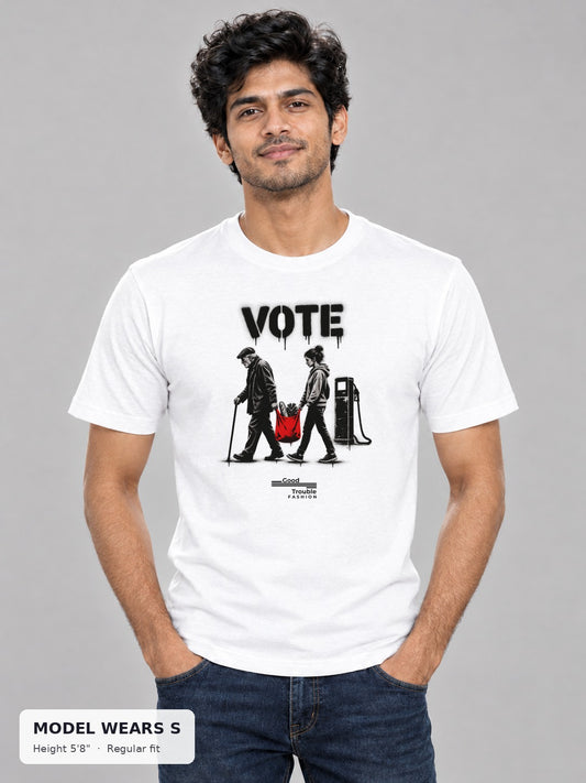 VOTE Carry Each Other Tee on a slim model wearing size S, 5'8" - Good Trouble Fashion