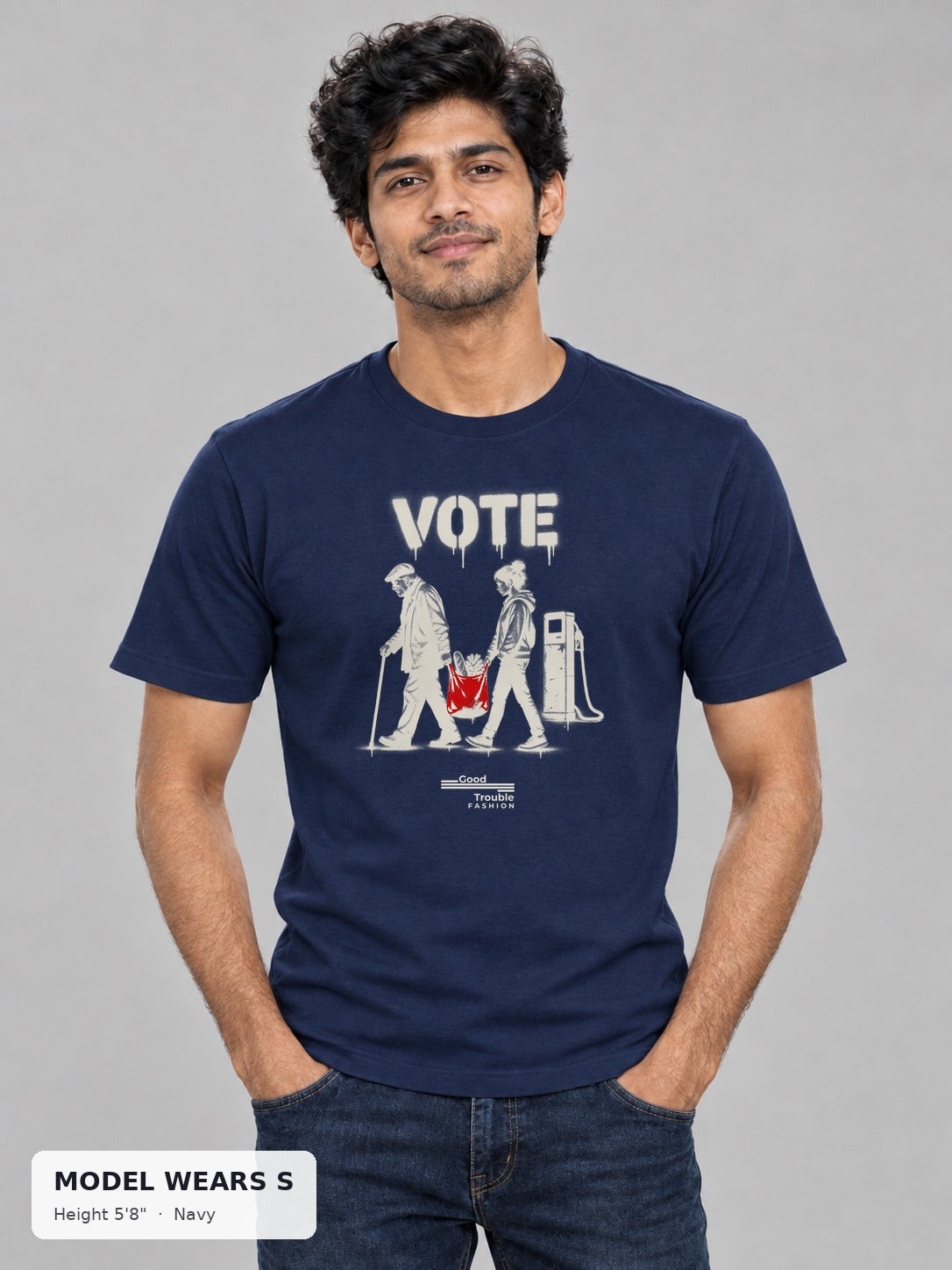 VOTE Carry Each Other Tee in Navy on a slim model wearing size S, 5'8" - Good Trouble Fashion