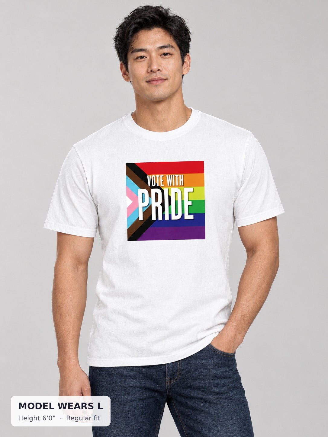 Vote With Pride Tee on an athletic model wearing size L, 6'0" - Good Trouble Fashion