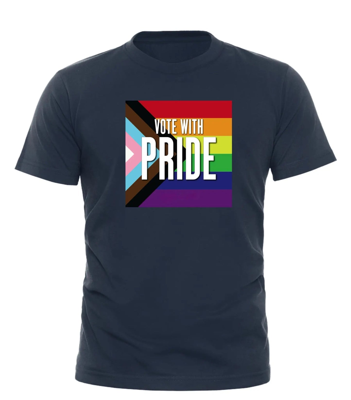 Navy Good Trouble Garments Vote With Pride T-Shirt featuring a colorful pride flag design