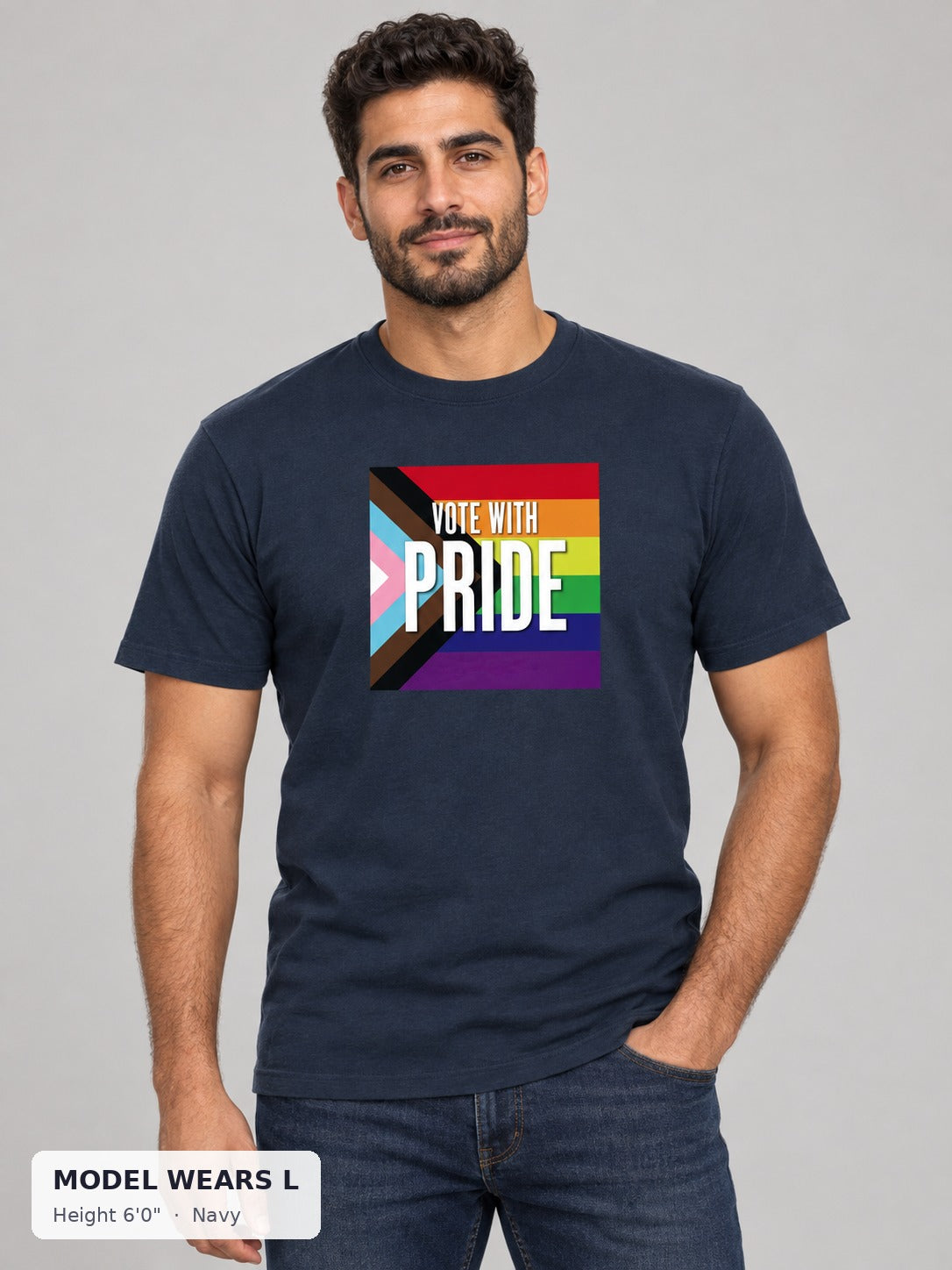 Vote With Pride Tee in Navy on an athletic model wearing size L, 6'0" - Good Trouble Fashion