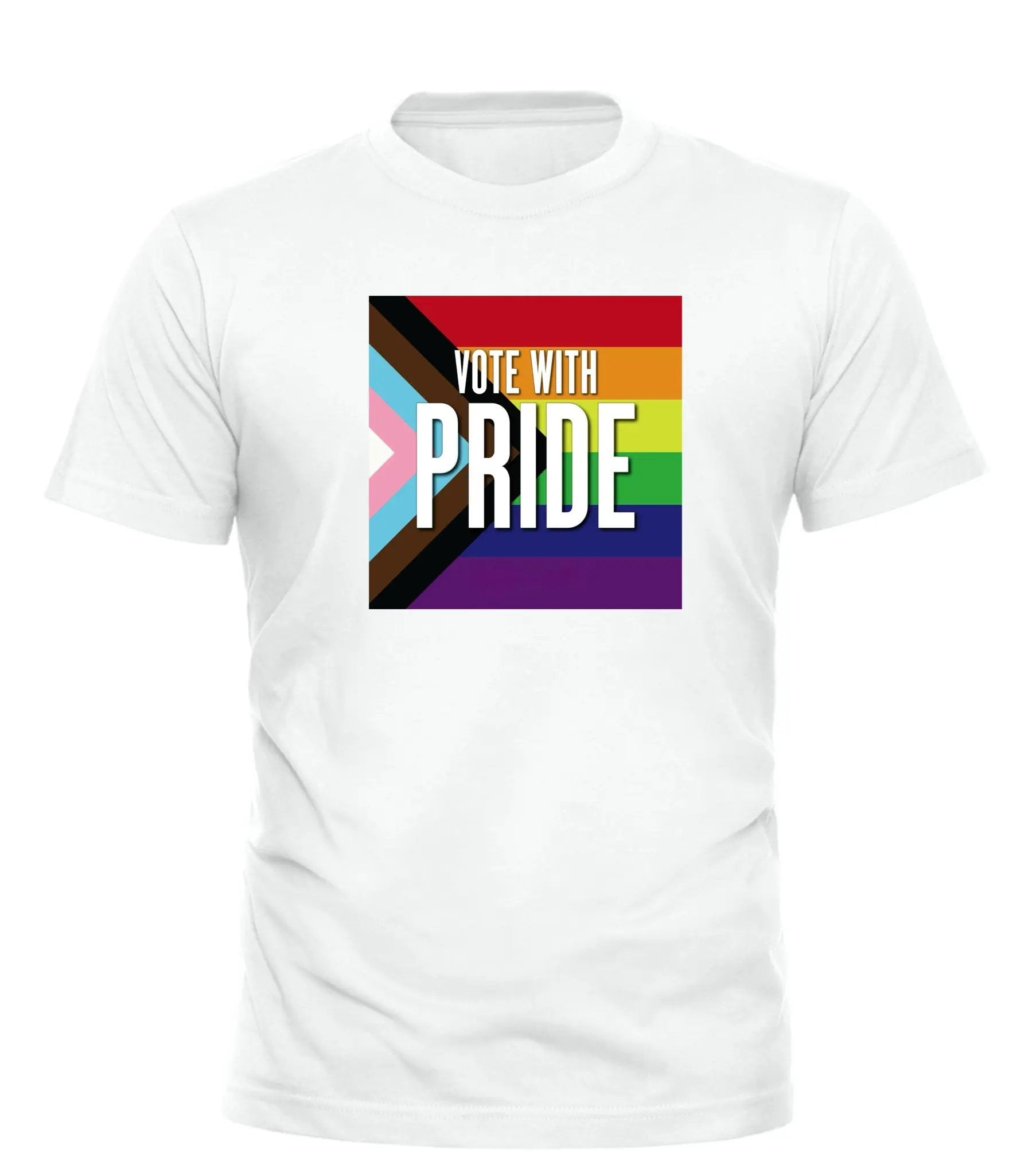 Vote with Pride t-shirt featuring a colorful LGBTQ+ flag design on a white background