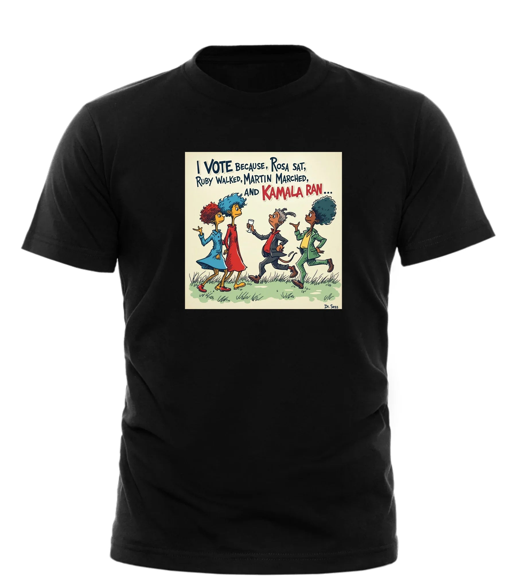 Black Votes for Pride t-shirt with colorful illustration of historical figures marching