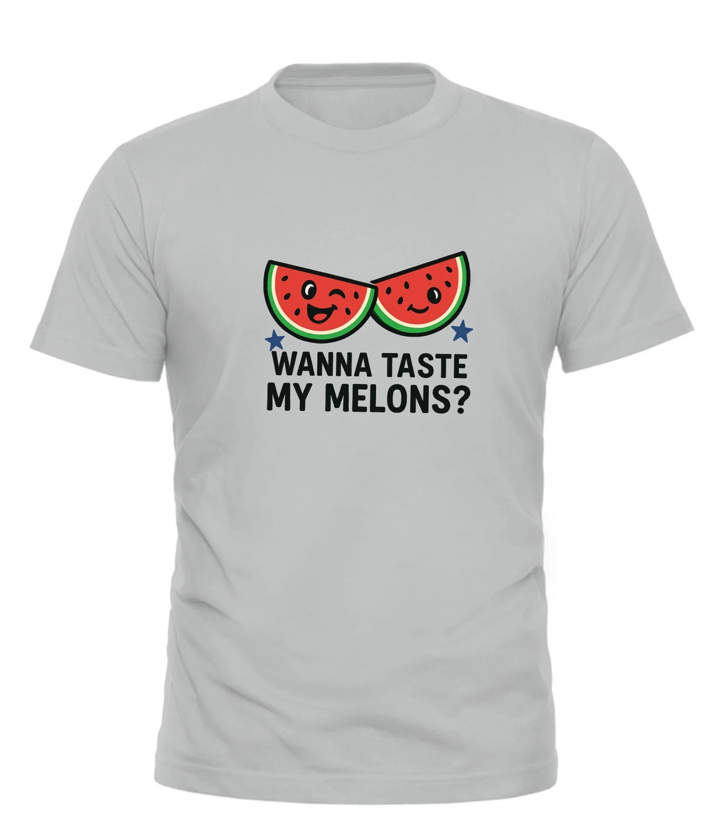 Good Trouble Garments gray t-shirt with cartoon watermelon halves and Wanna Taste My Melons text