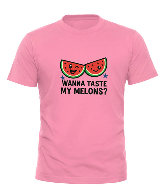 Good Trouble Garments pink T-shirt with cartoon watermelon and text Wanna Taste My Melons