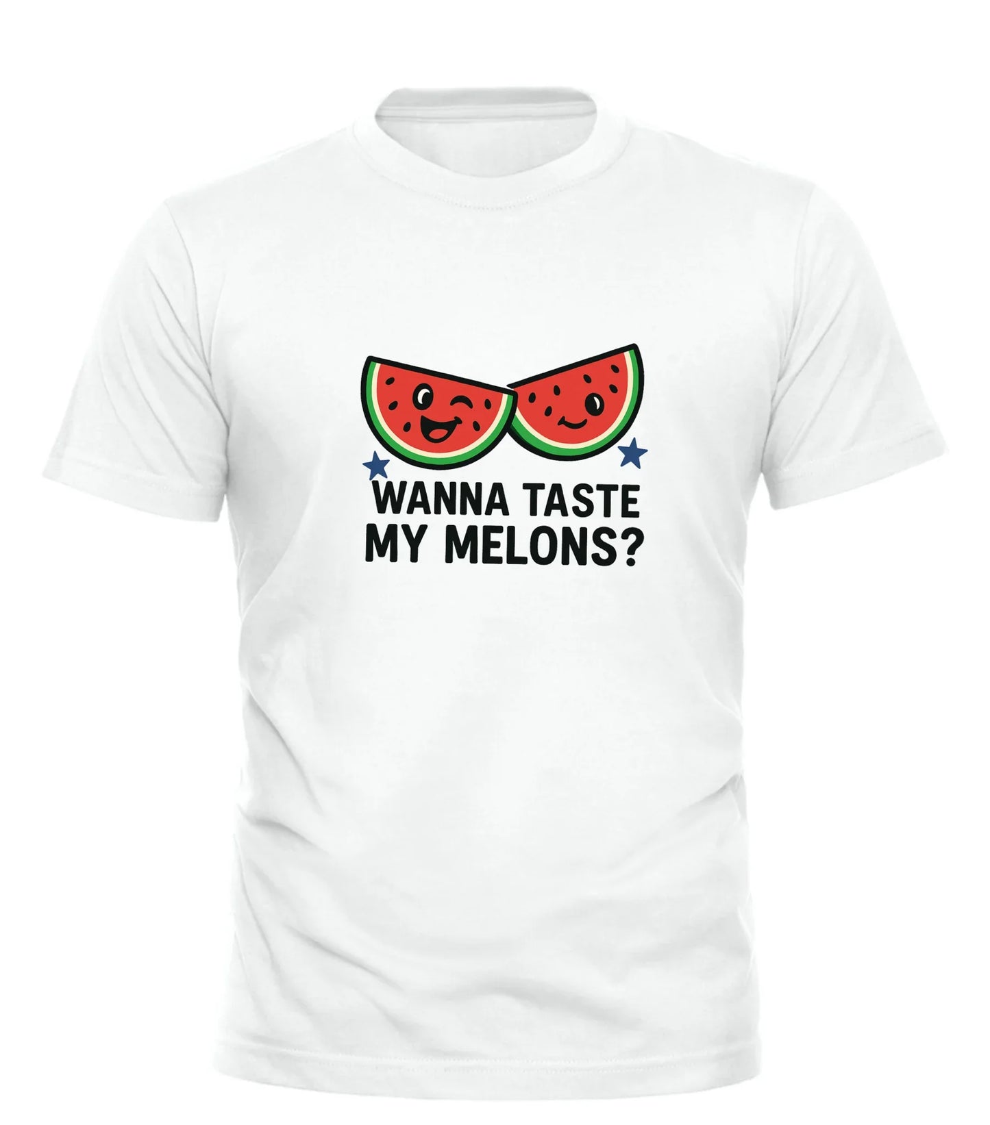 Good Trouble Garments white t-shirt with funny watermelon graphic and Wanna Taste My Melons text