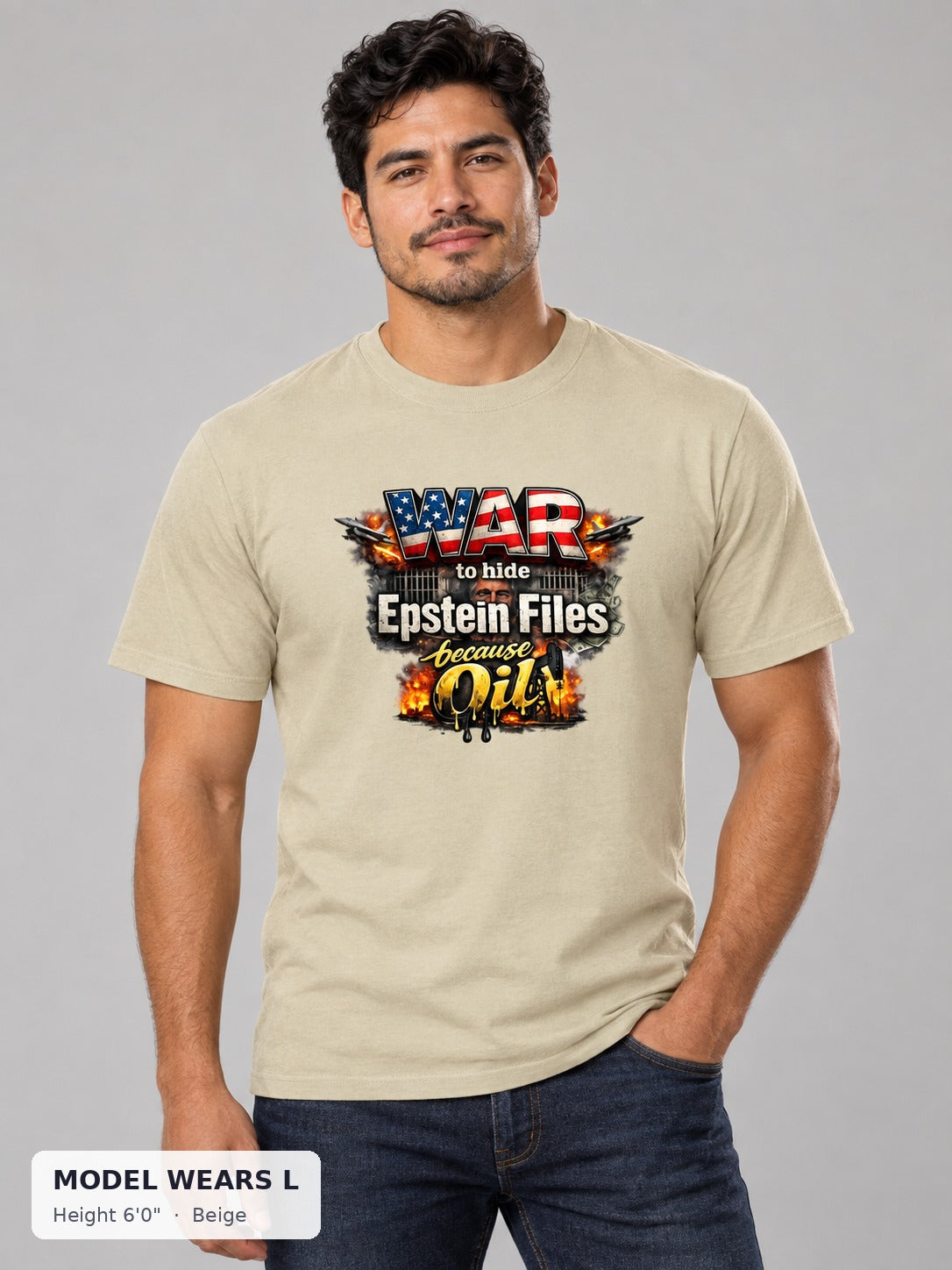 War Epstein File Secrets Tee in Beige on an athletic model wearing size L, 6'0" - Good Trouble Fashion