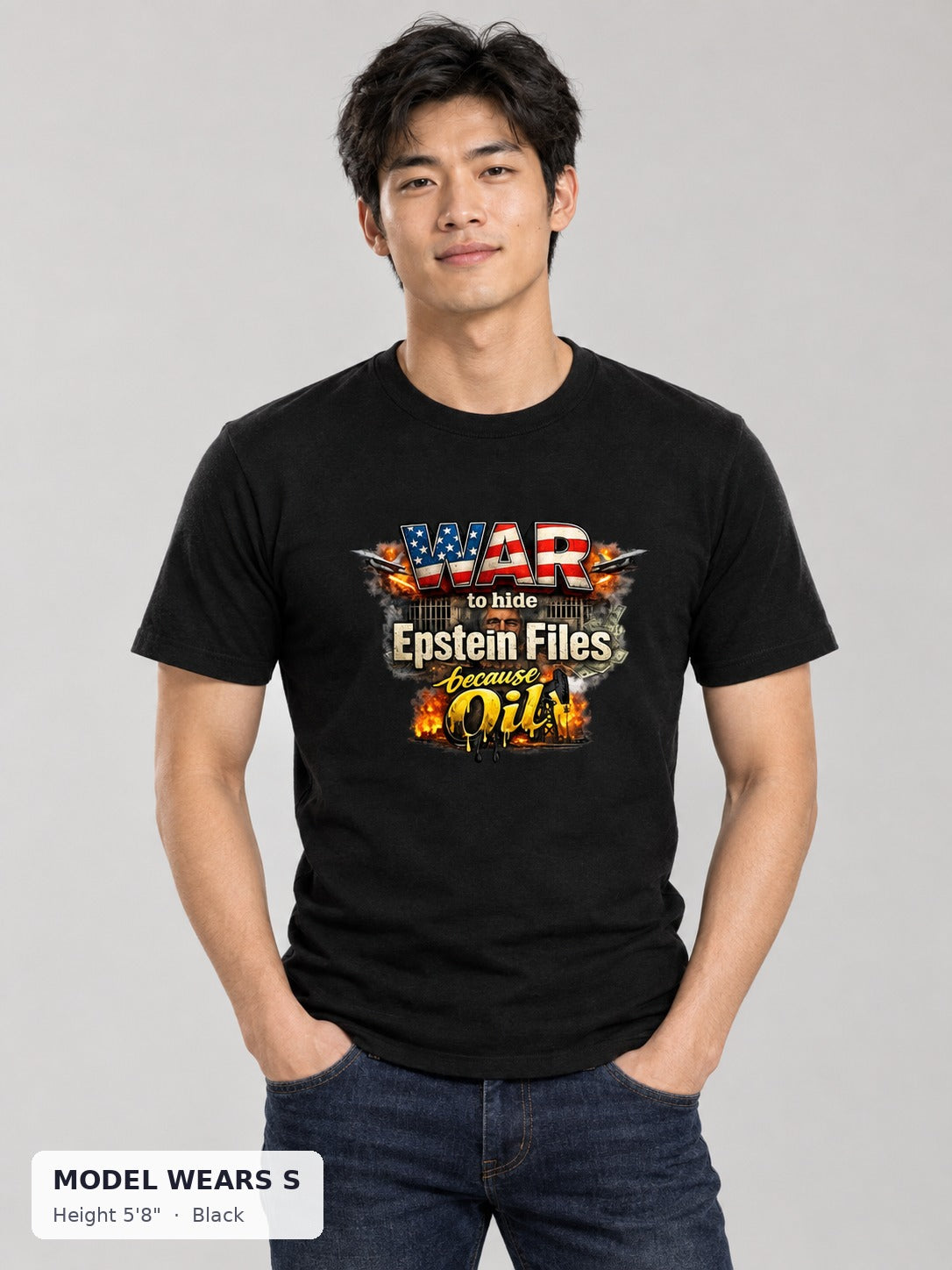 War Epstein File Secrets Tee in Black on a slim model wearing size S, 5'8" - Good Trouble Fashion