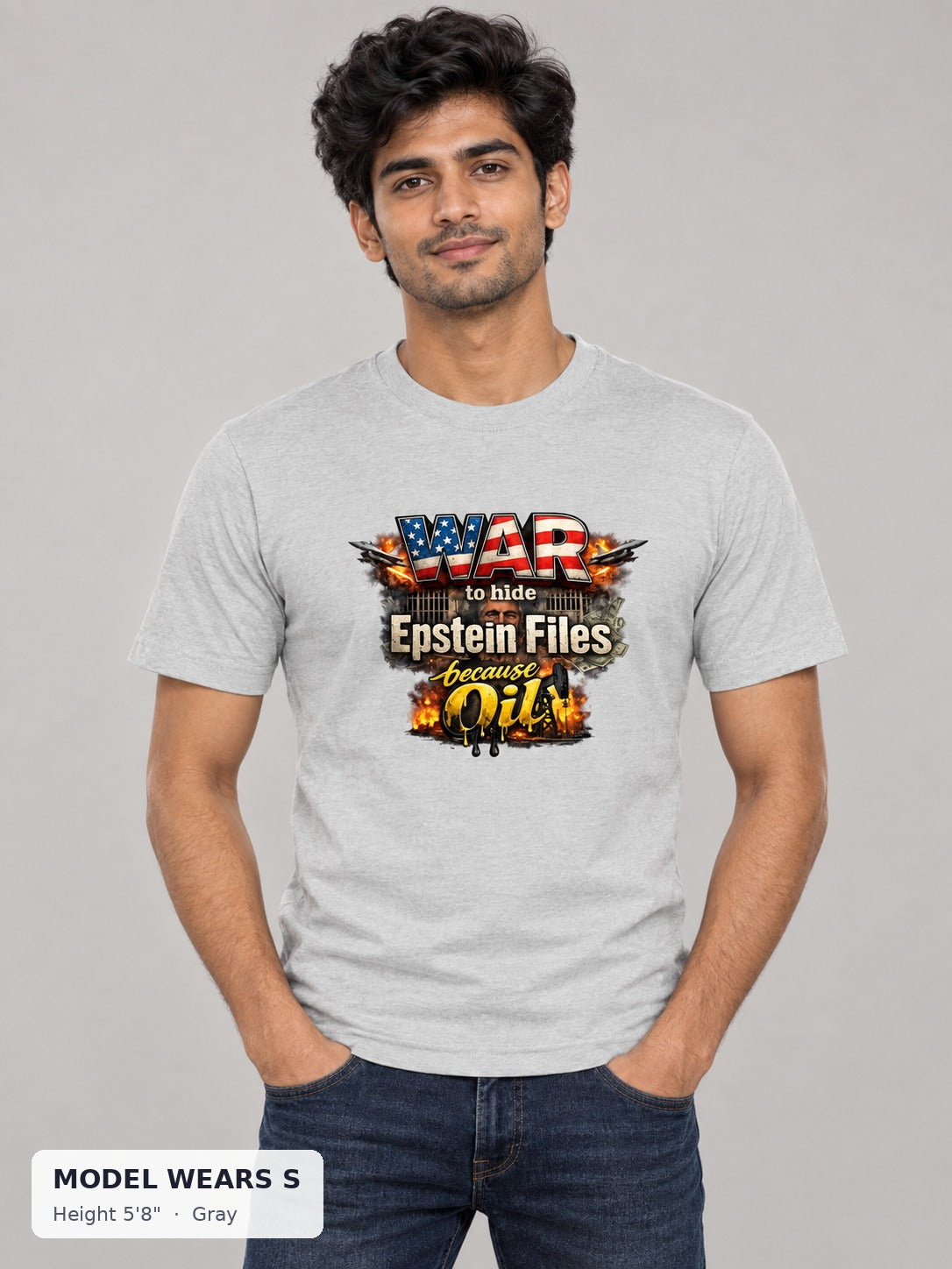 War Epstein File Secrets Tee in Gray on a slim model wearing size S, 5'8" - Good Trouble Fashion