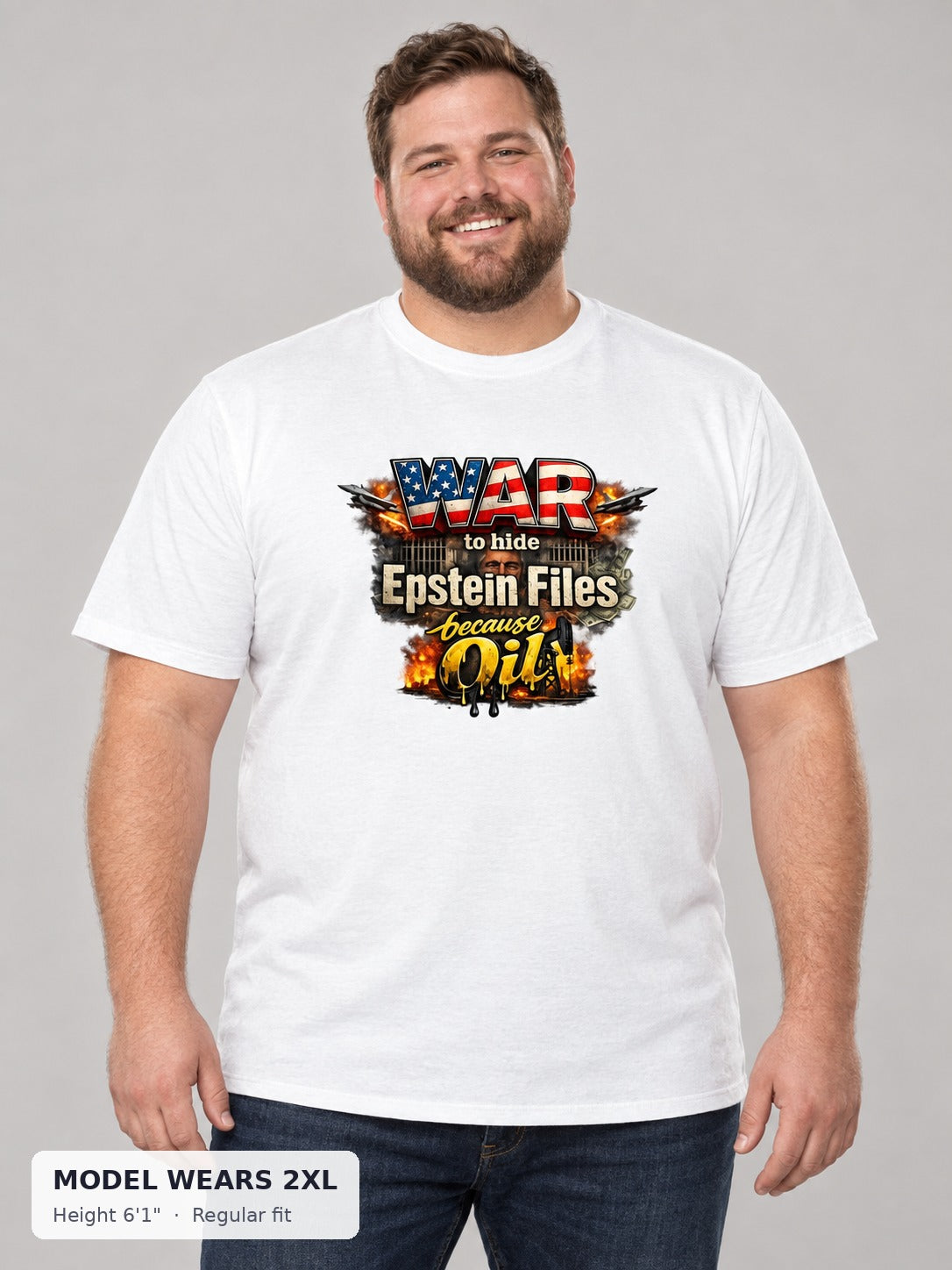 War Epstein File Secrets Tee on a plus-size model wearing size 2XL, 6'1" - Good Trouble Fashion