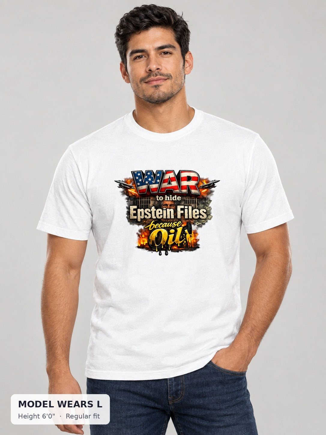 War Epstein File Secrets Tee on an athletic model wearing size L, 6'0" - Good Trouble Fashion