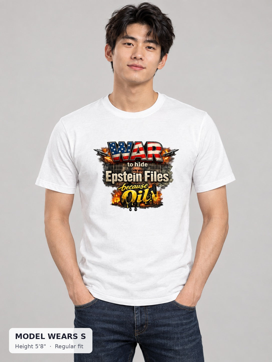 War Epstein File Secrets Tee on a slim model wearing size S, 5'8" - Good Trouble Fashion