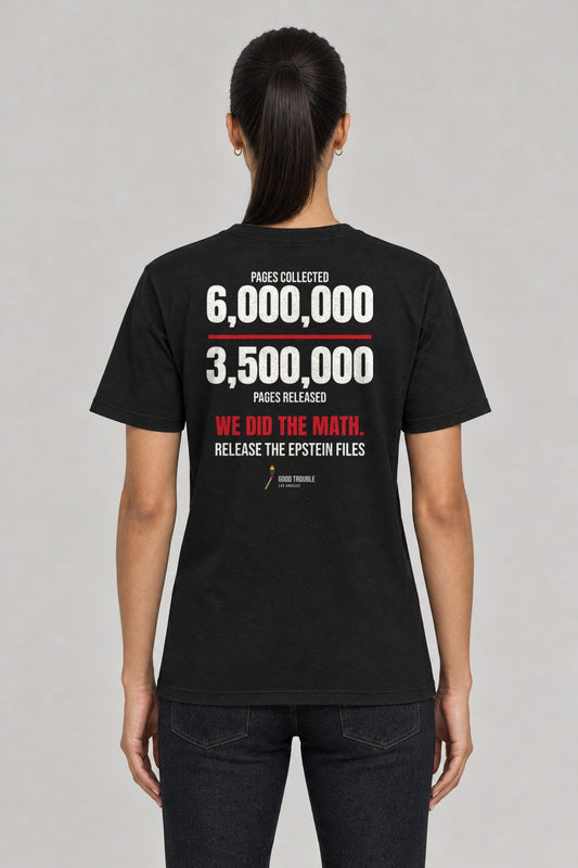 We Did the Math Epstein Files Tee in Black, back view showing the 6,000,000 over 3,500,000 back print, on a slim model wearing size S, 5'8" - Good Trouble Fashion