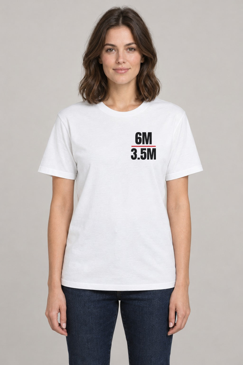 We Did the Math Epstein Files Tee in White, front view showing the 6M over 3.5M left-chest badge, on a slim model wearing size S, 5'8" - Good Trouble Fashion