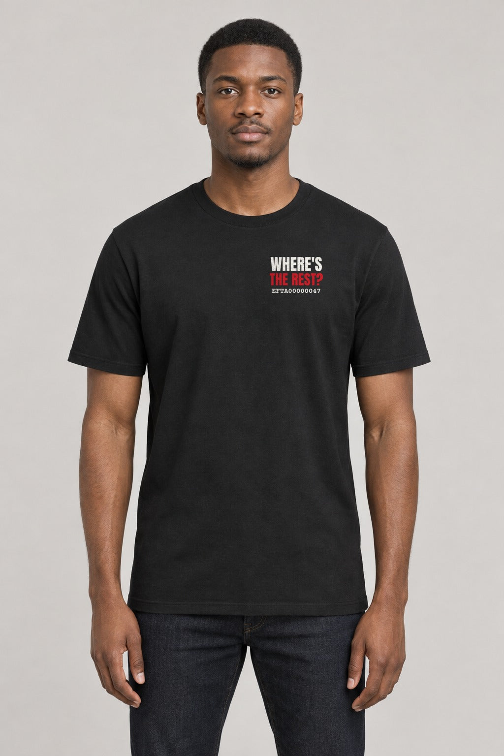 Where's the Rest? Epstein Files Tee in Black, front view showing the WHERE'S THE REST? left-chest badge, on an athletic model wearing size L, 6'0" - Good Trouble Fashion