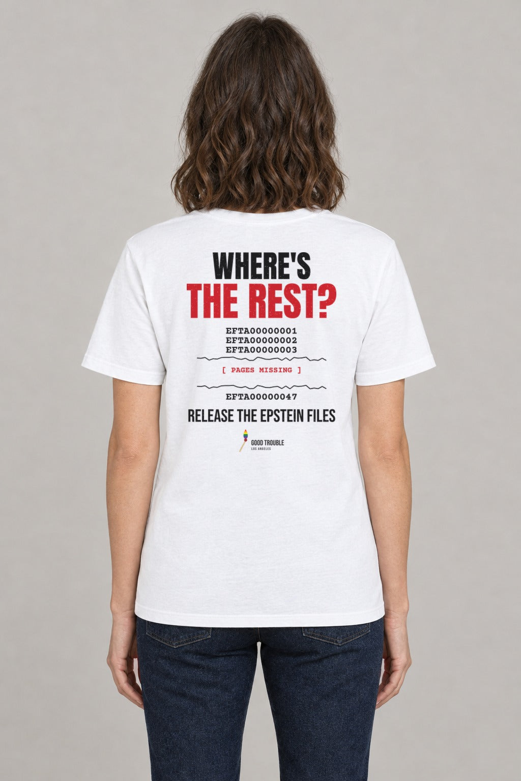 Where's the Rest? Epstein Files Tee in White, back view showing the missing-pages back print, on a slim model wearing size S, 5'8" - Good Trouble Fashion