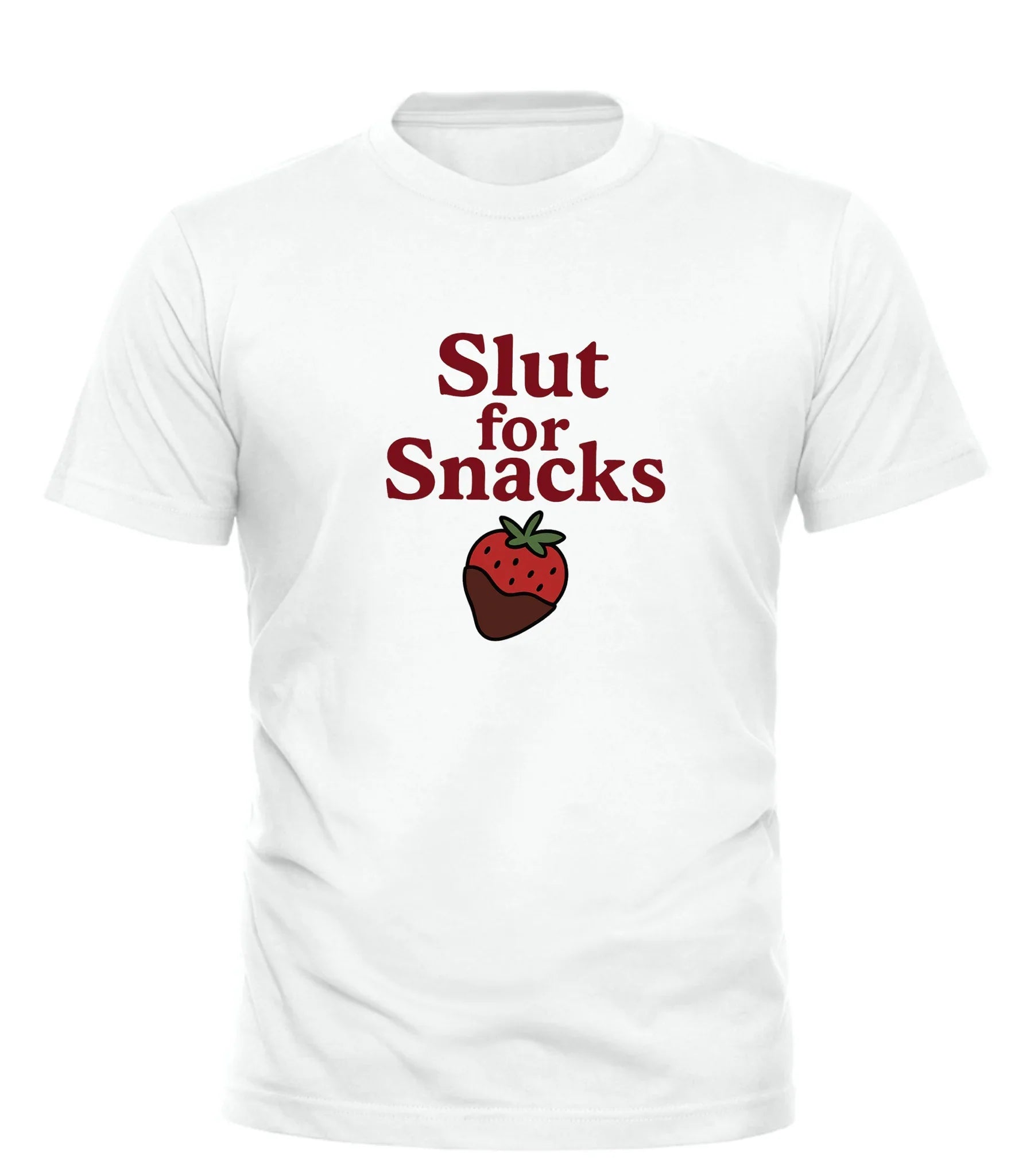 Good Trouble Garments white Slut for Snacks shirt with red text and chocolate dipped strawberry graphic
