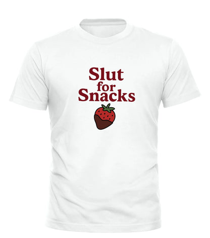 Good Trouble Garments white Slut for Snacks shirt with red text and chocolate dipped strawberry graphic