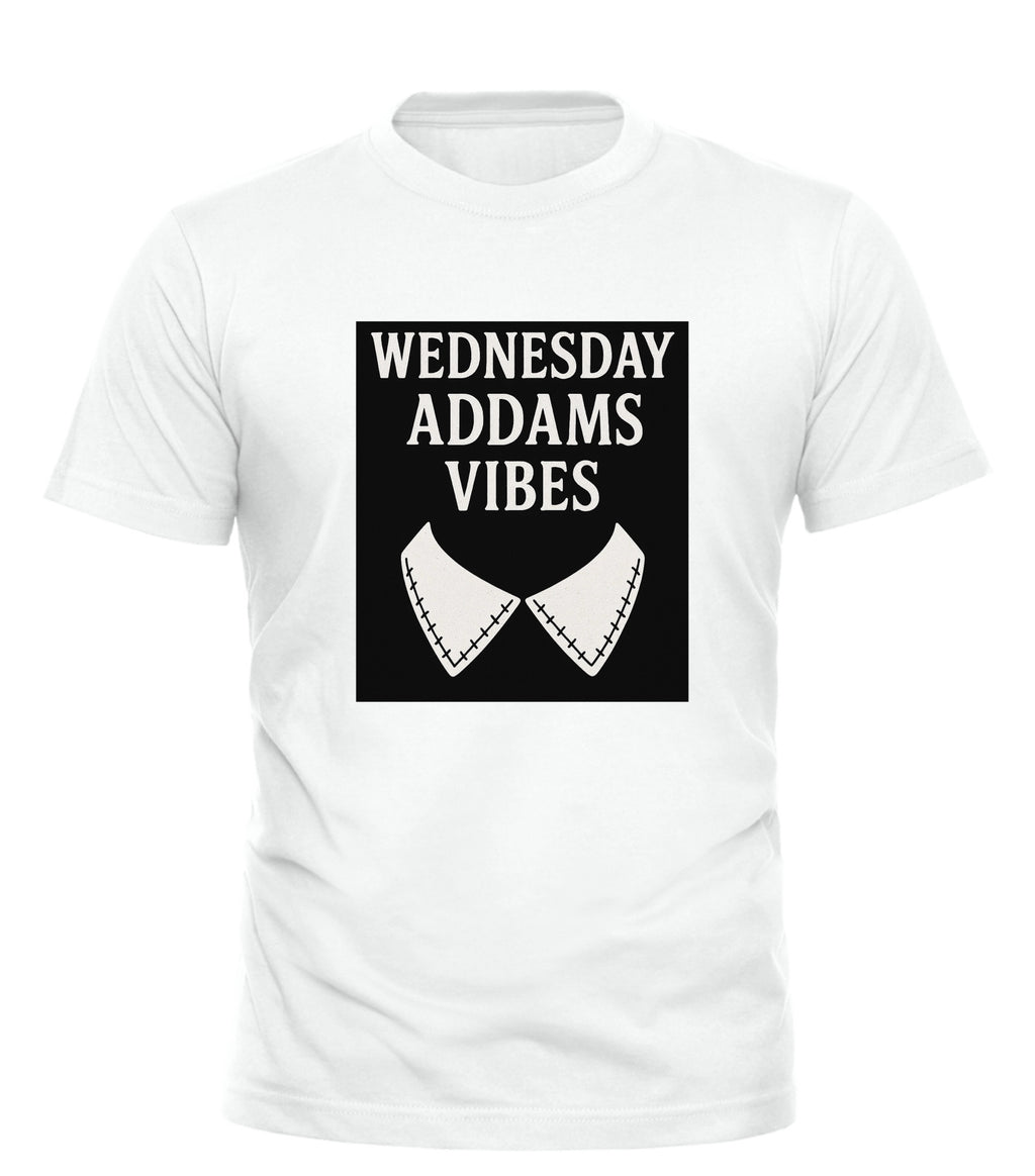 Good Trouble Garments white t-shirt with Wednesday Addams vibe t-shirt graphic and stitched collar design