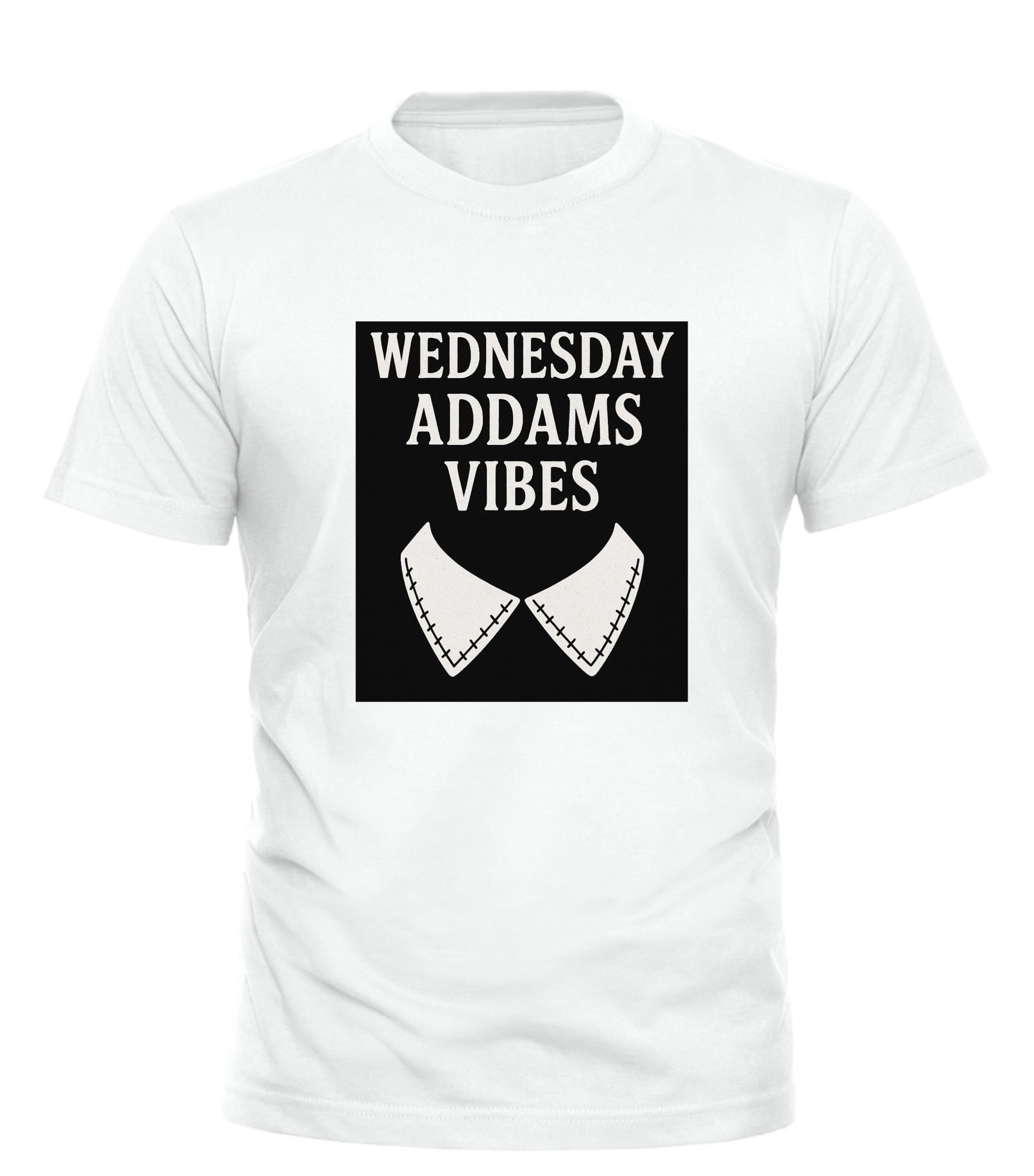 Good Trouble Garments white t-shirt with Wednesday Addams vibe t-shirt graphic and stitched collar design